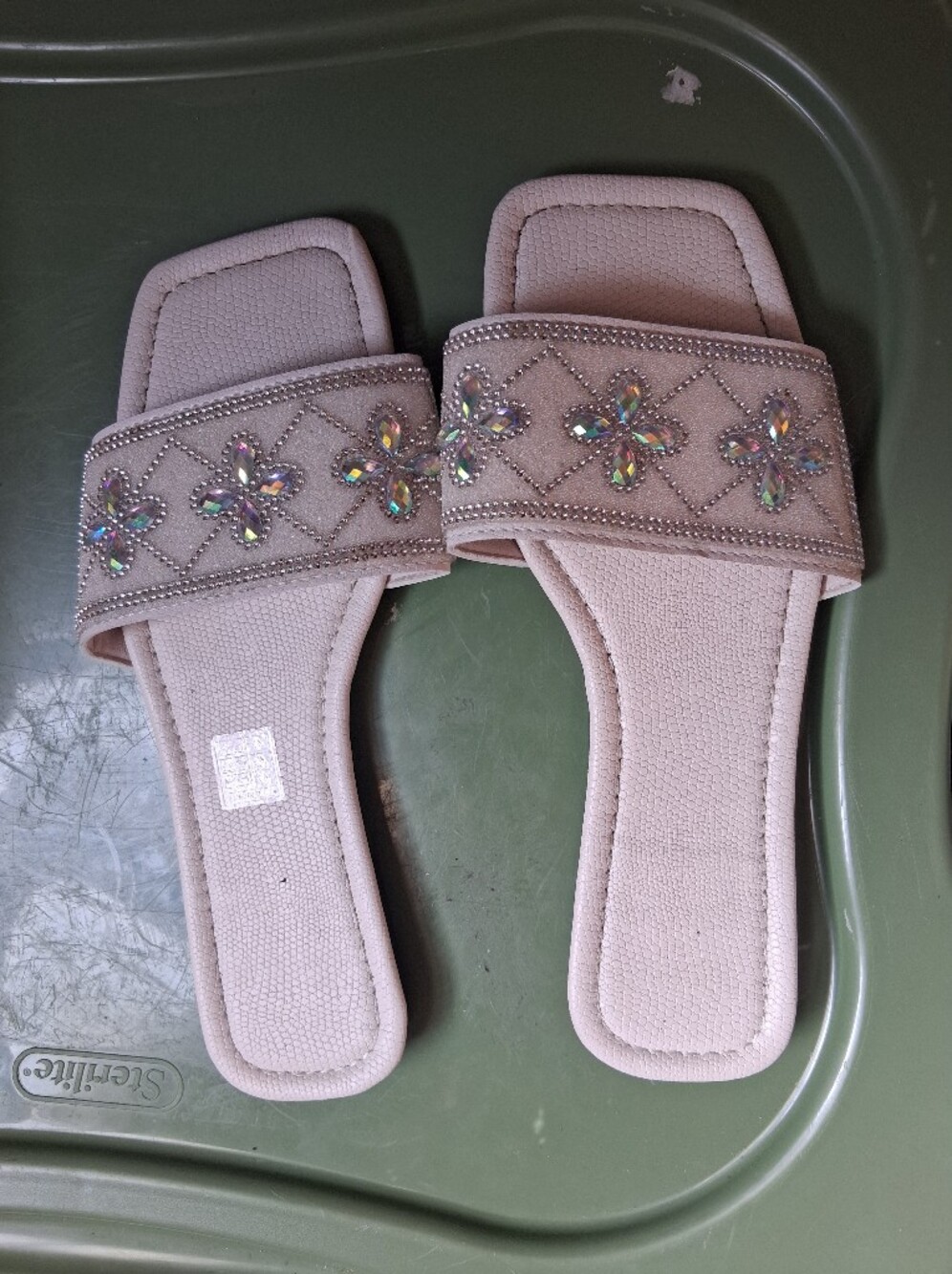 Embellished Beige Slide Sandals with Crystal Flowers - Picture 1 of 3